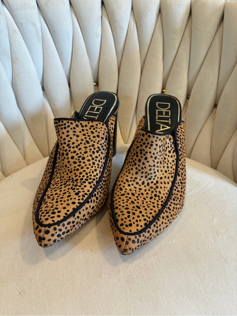 Delta Leopard-Print Pointed Mule in Tan and Black